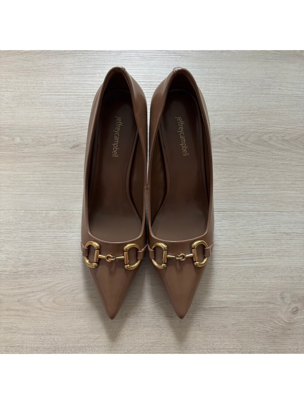 Jeffrey Campbell NWOT Womens Brown Leather Happy Hour Pumps Gold Detail 10